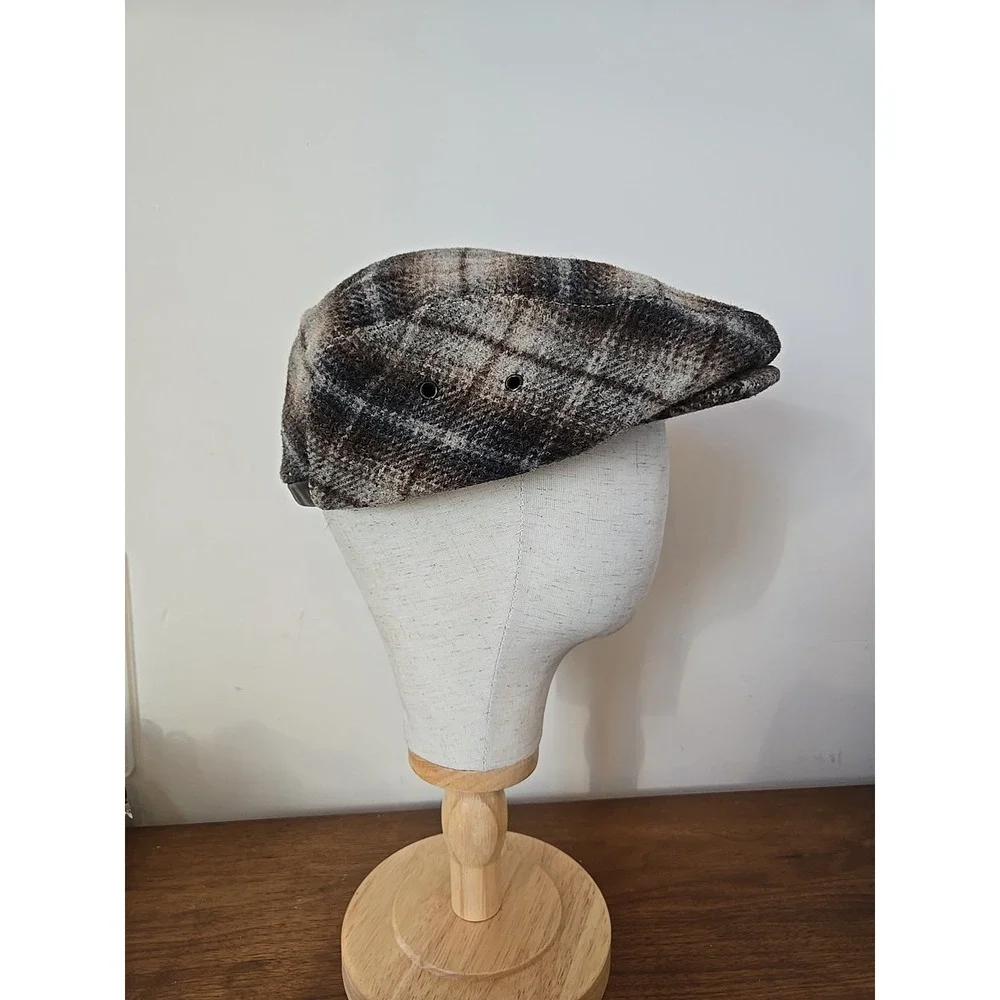 Vintage DKNY Mens Newsboy Cabbie Hat Brown Plaid Wool Blend Size L